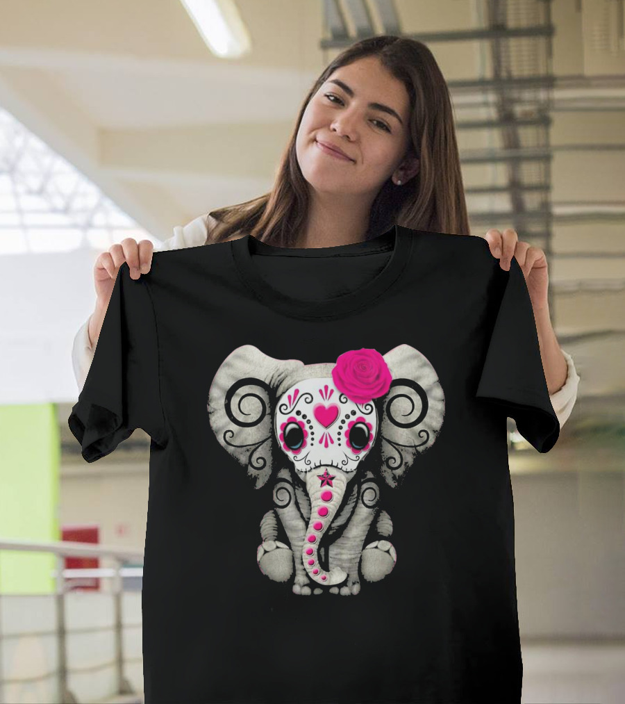 Dead Sugar Skull Elephant Pink Flower T-Shirt