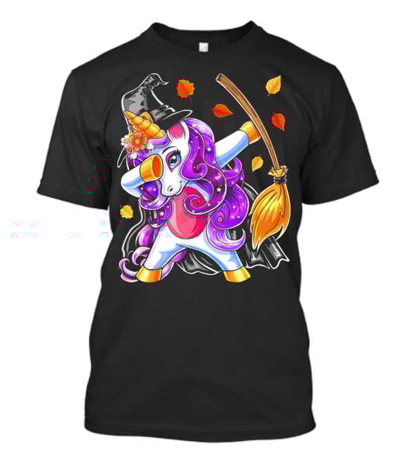 Dabbing Unicorn Halloween Witch With Magical Broom And Autumn Leaves T-Shirt