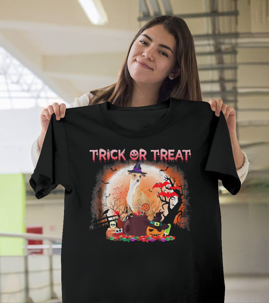 Trick Or Treat Italian Greyhound Halloween Magic Moonlit Scene T-Shirt
