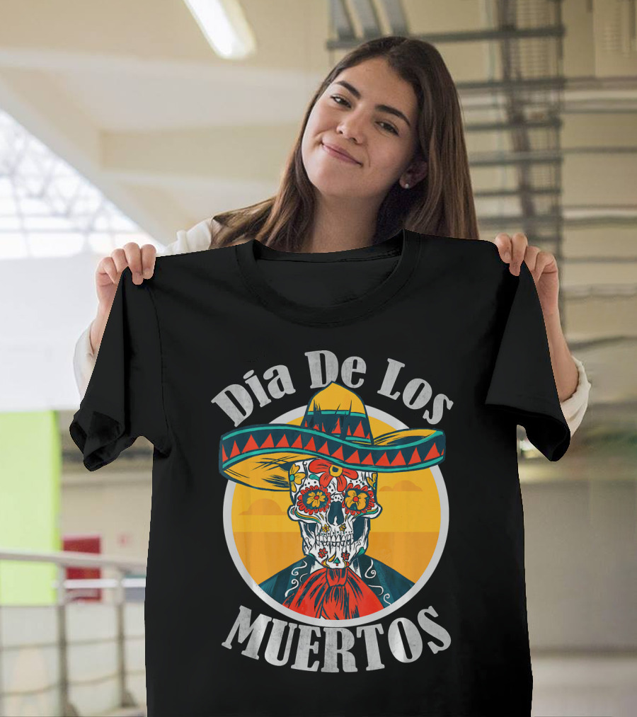 Dia De Los Muertos Skull With Sombrero And Floral Decoration T-Shirt