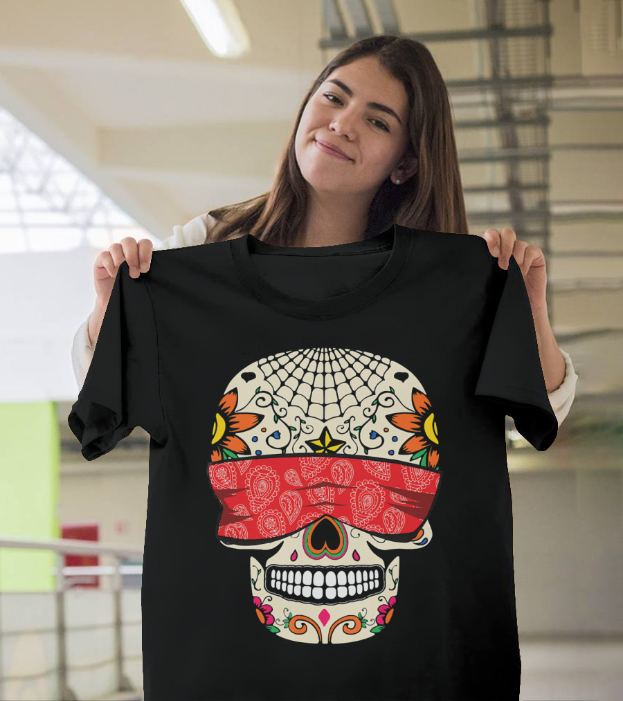 See No Evil Sugar Skull With Red Bandana And Floral Motifs T-Shirt