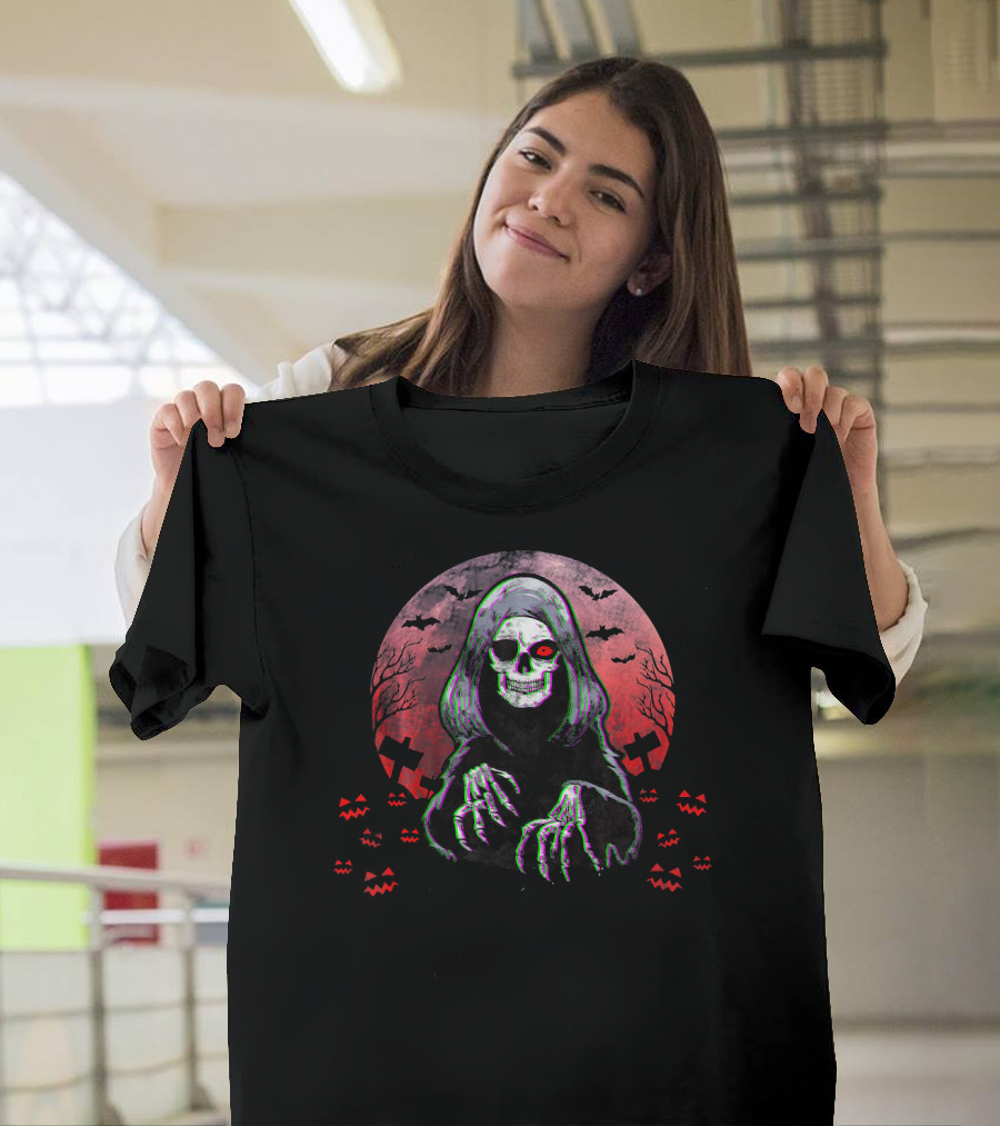 Grim Reaper Angel Of Death Halloween Horror Spooky Night Bats Pumpkins Crosses Skull T-Shirt