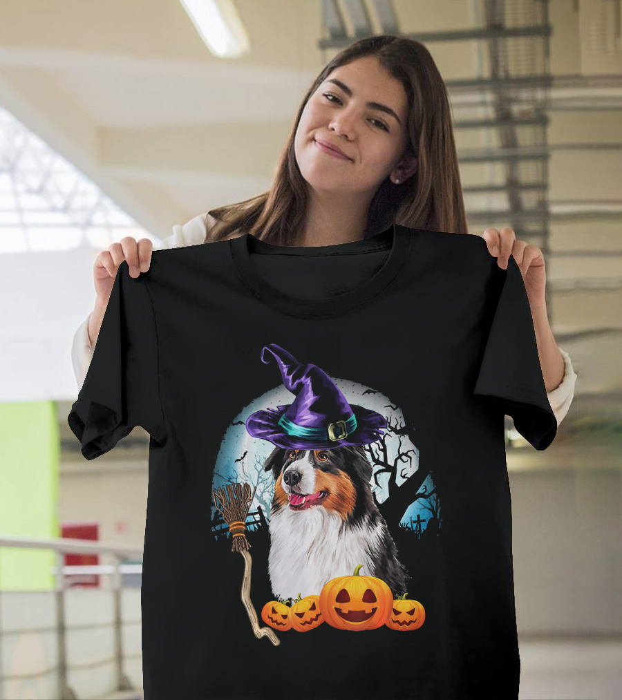 Australian Shepherd Halloween Witch Hat Dog With Pumpkins And Broomstick T-Shirt