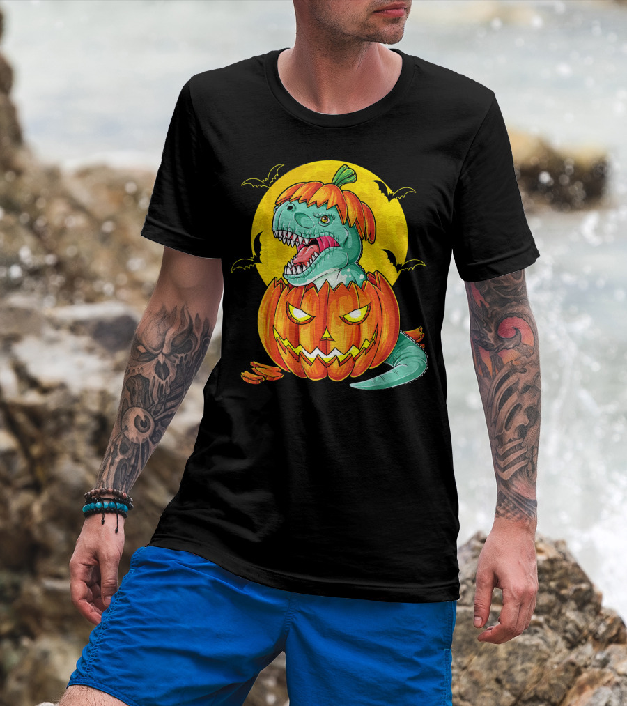 Dinosaur Pumpkin Halloween Moon Bats T-Shirt