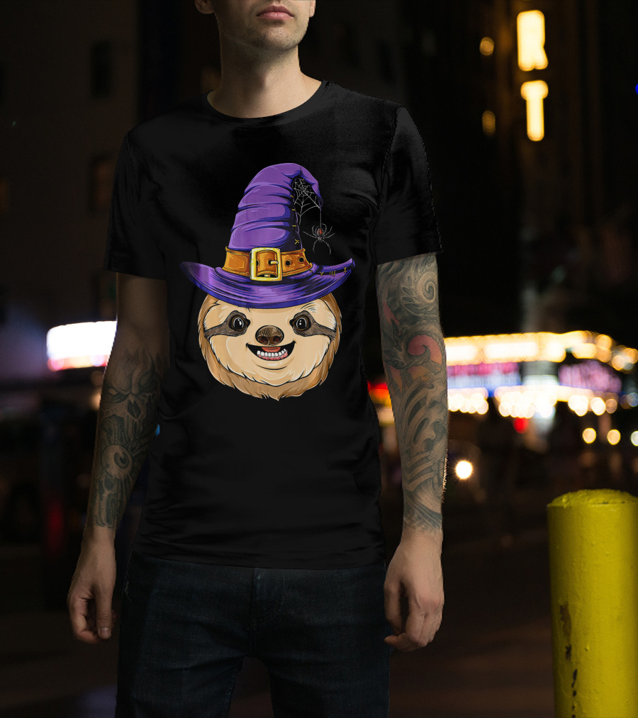Sloth Witch Halloween Purple Hat Spider T-Shirt