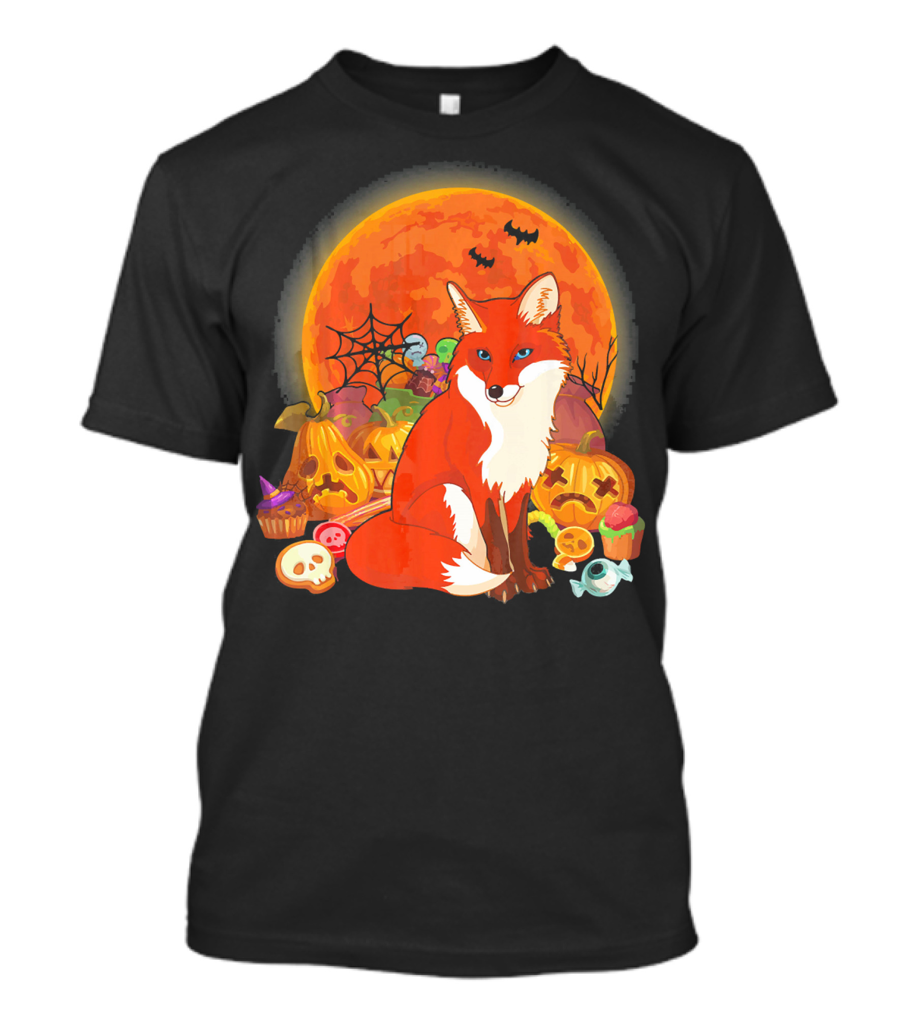 Funny Fox Halloween Full Moon Pumpkin Candy Scene T-Shirt