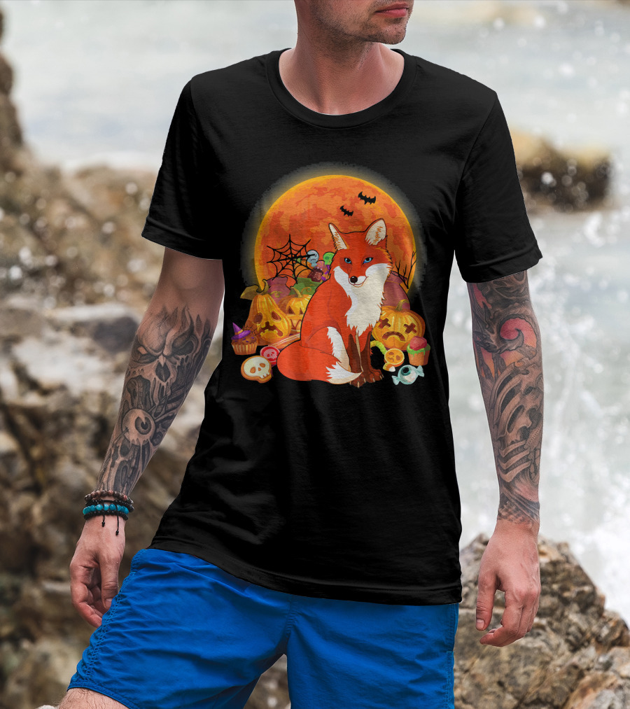 Funny Fox Halloween Full Moon Pumpkin Candy Scene T-Shirt