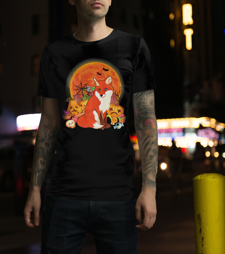 Funny Fox Halloween Full Moon Pumpkin Candy Scene T-Shirt