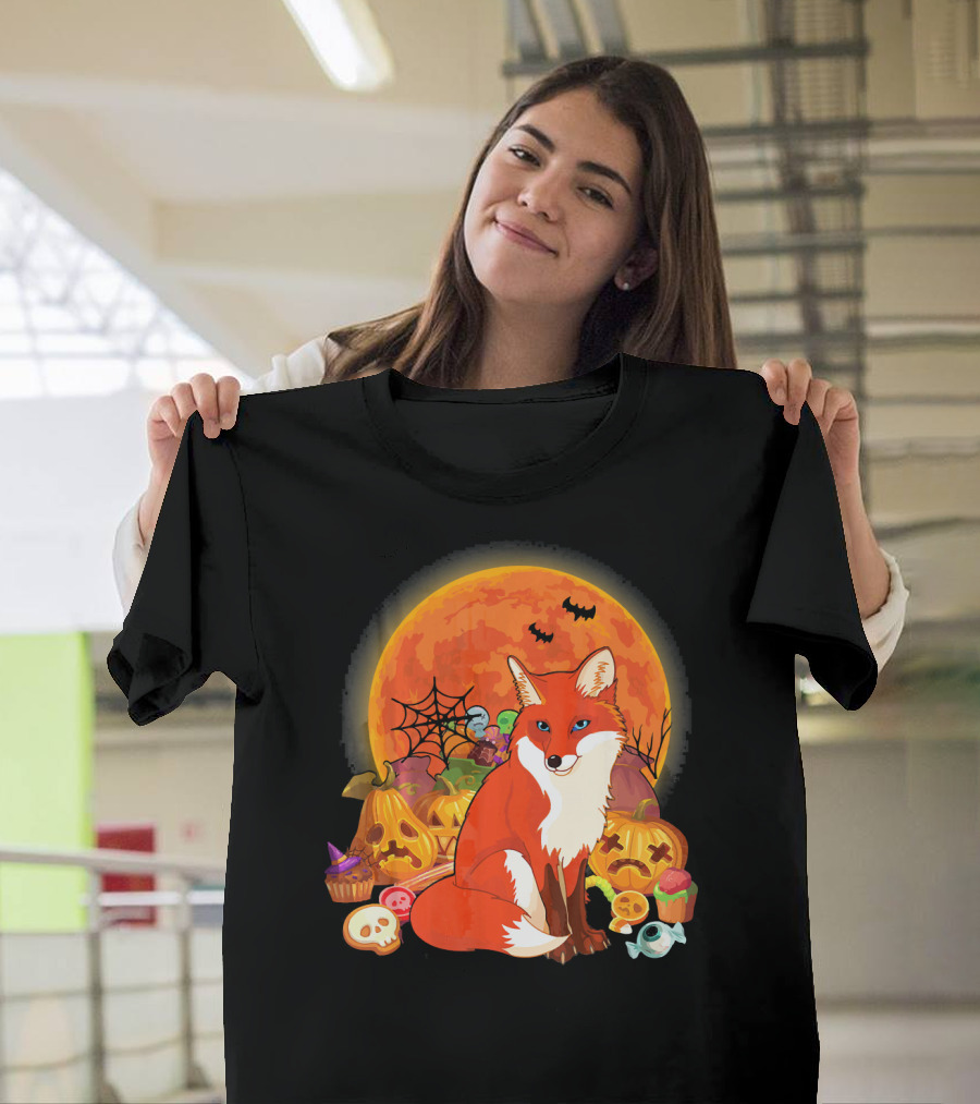 Funny Fox Halloween Full Moon Pumpkin Candy Scene T-Shirt