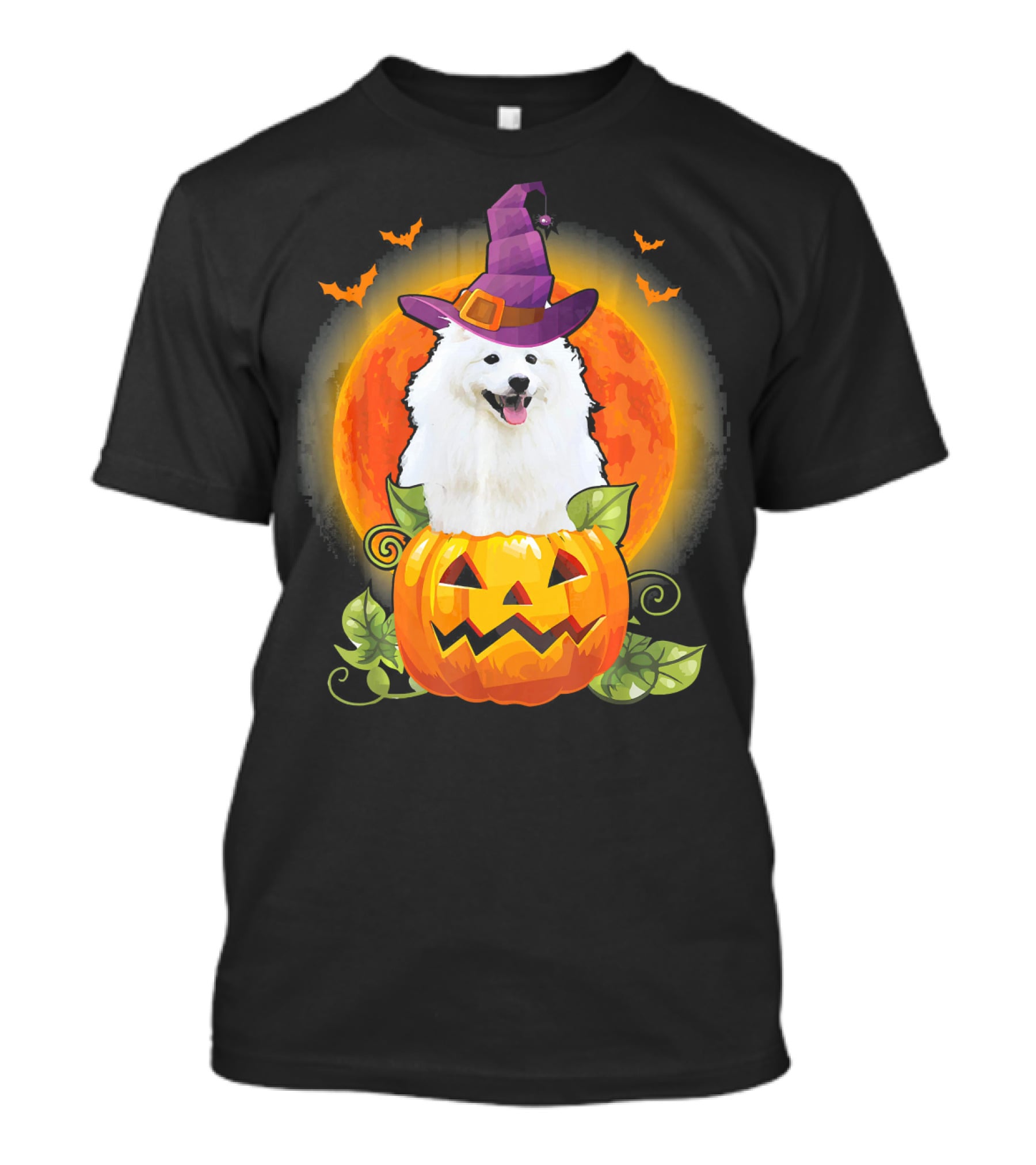 Samoyed Dog Witch Hat Pumpkin Halloween Moon T-Shirt