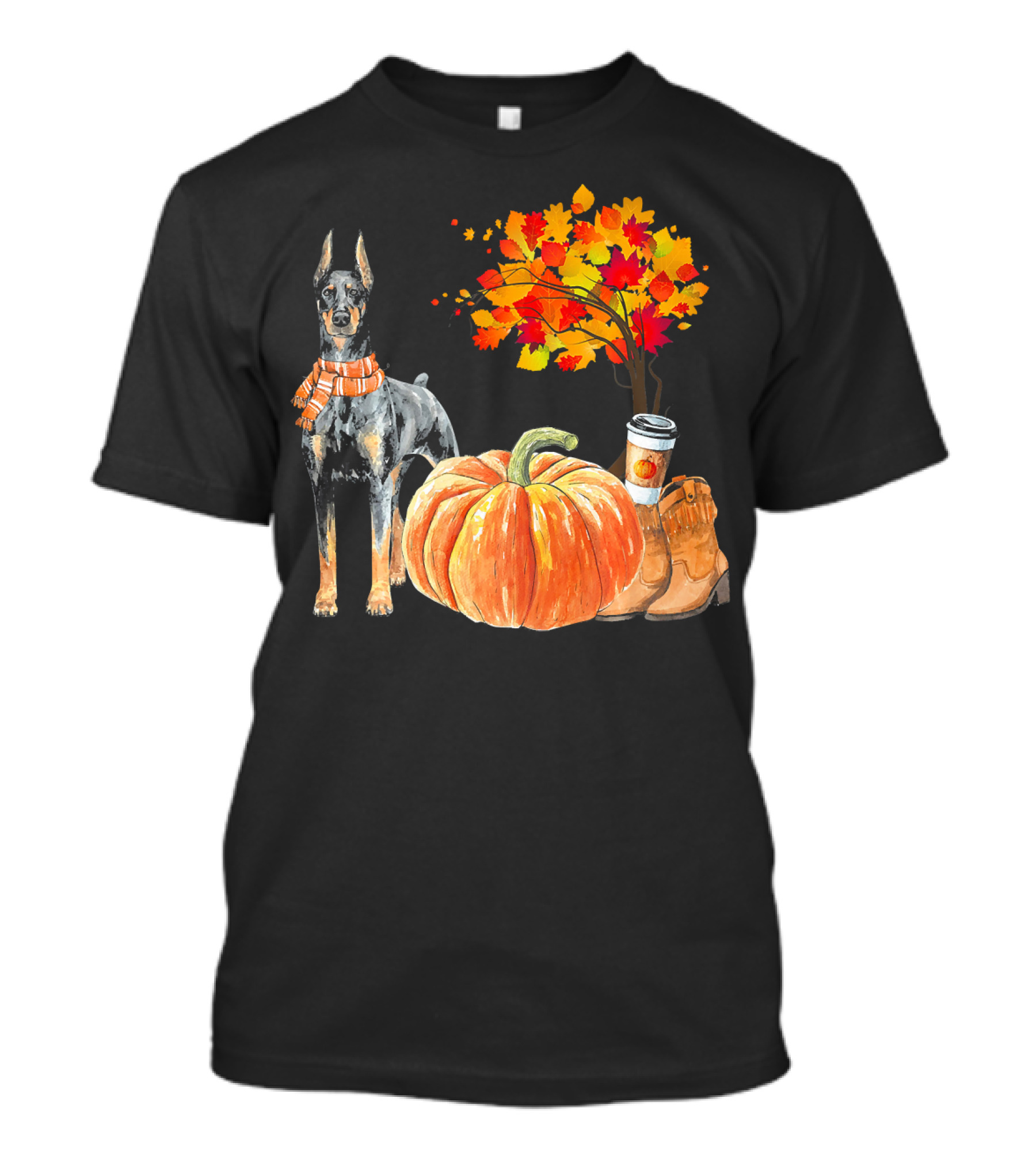 Doberman Pinscher Scarf Pumpkin Spice Autumn Boots Cozy Fall Leaves T-Shirt