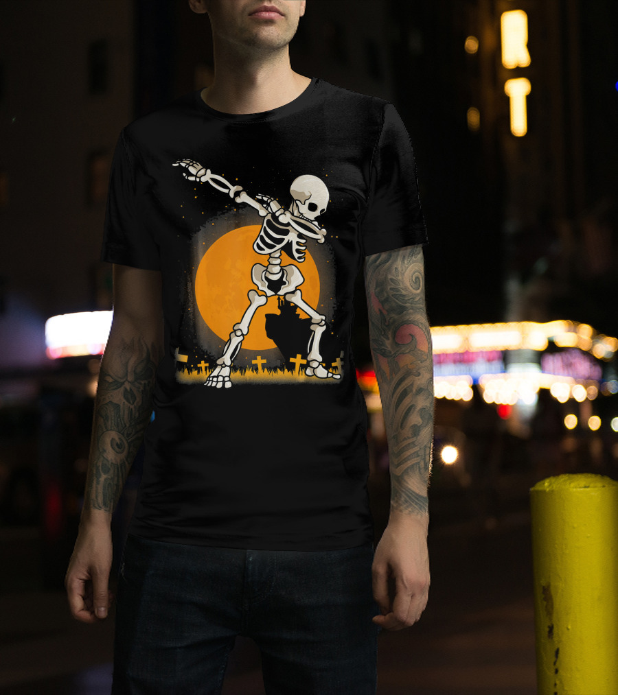 Halloween Skeleton Dabbing In Graveyard With Full Moon T-Shirt