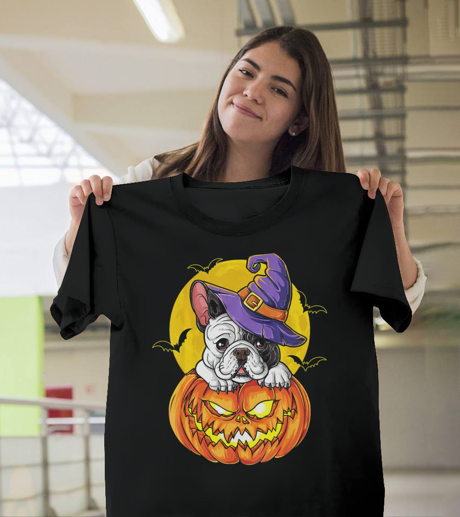 Halloween French Bulldog Witch In Pumpkin With Full Moon And Bats T-Shirt