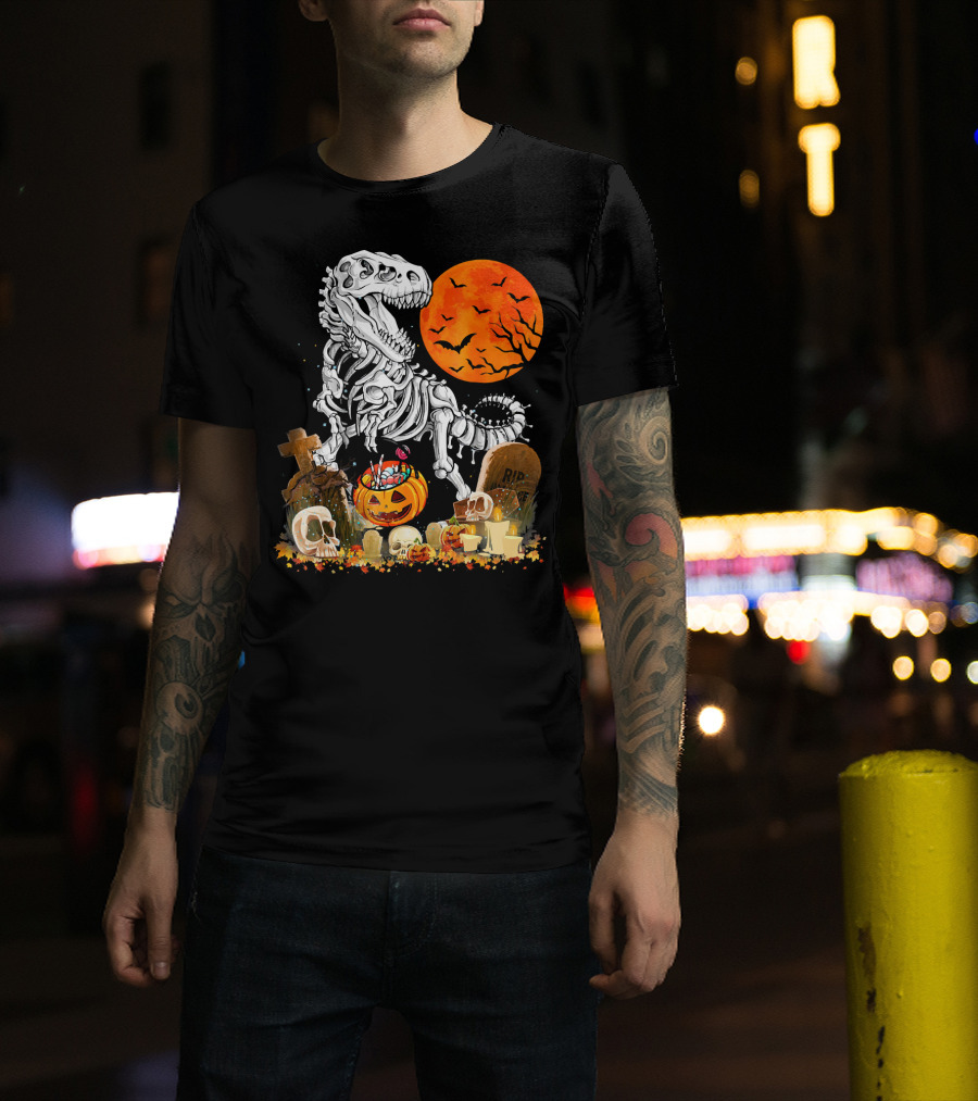 Halloween Dinosaur Rex Skeleton With Pumpkin And Full Moon T-Shirt