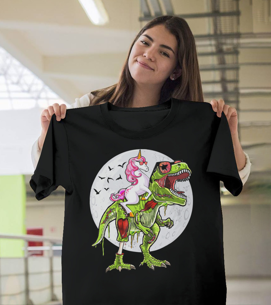 Funny Halloween Unicorn Riding Zombie Dinosaur With Bats And Full Moon T-Shirt