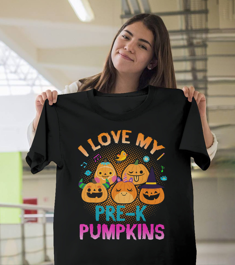 I Love My Pre K Pumpkins Halloween Jack-O-Lanterns with Music and Flowers T-Shirt