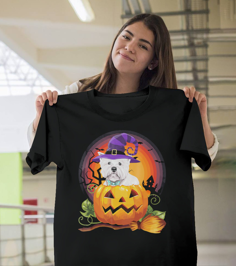 Westie Dog In Witch Hat With Jack-O'-Lantern For Halloween T-Shirt