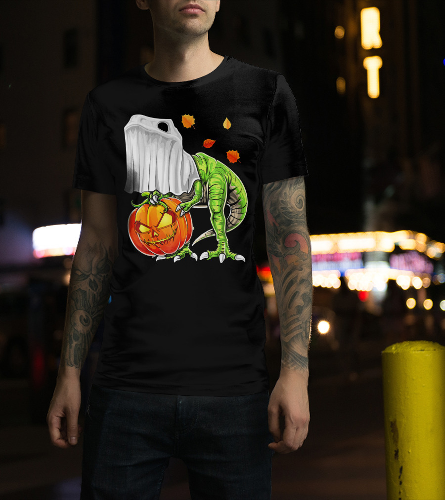 Halloween Dinosaur Ghost Pumpkin Jack Leaves T-Shirt
