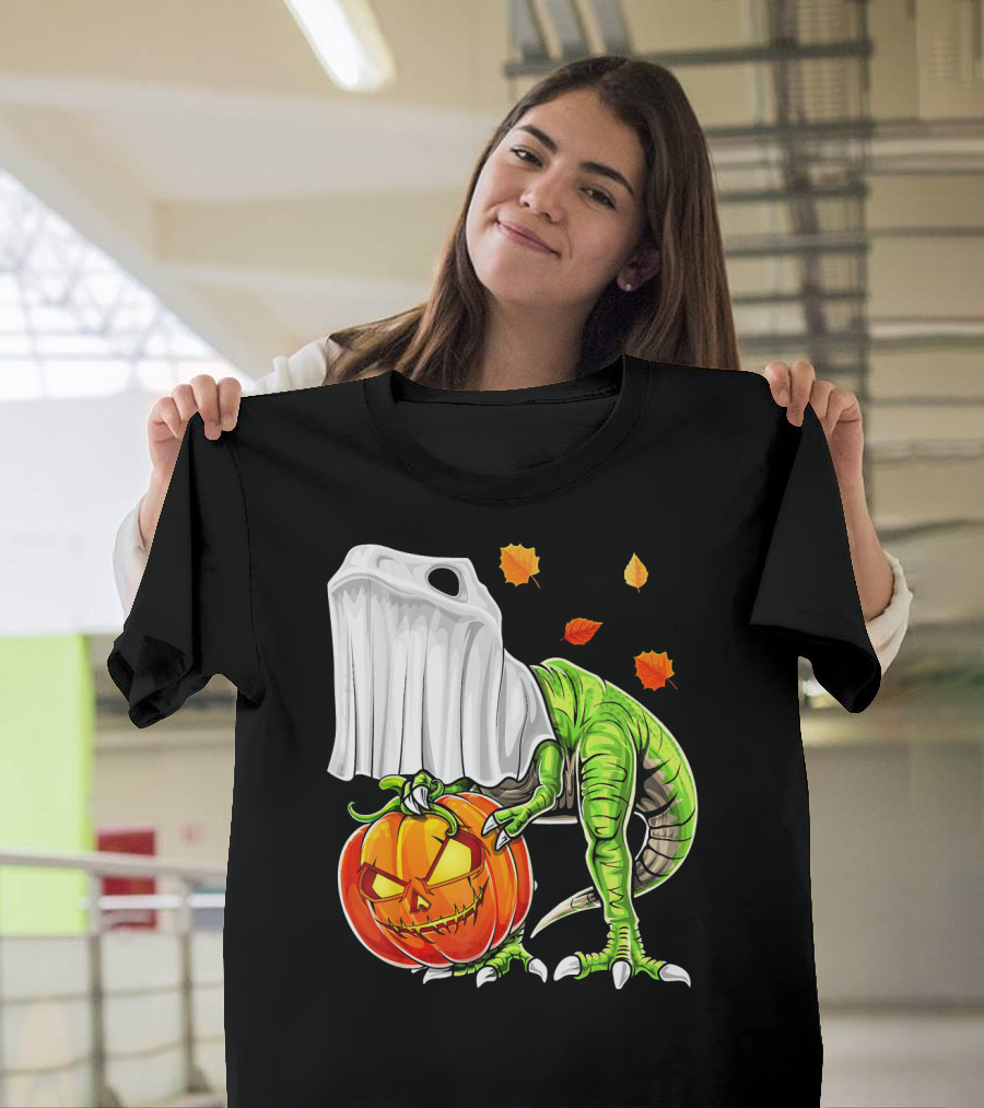 Halloween Dinosaur Ghost Pumpkin Jack Leaves T-Shirt