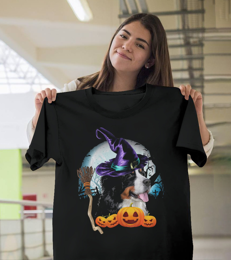 Bernese Mountain Dog In Witch Hat With Pumpkins And Broomstick Halloween Scene T-Shirt