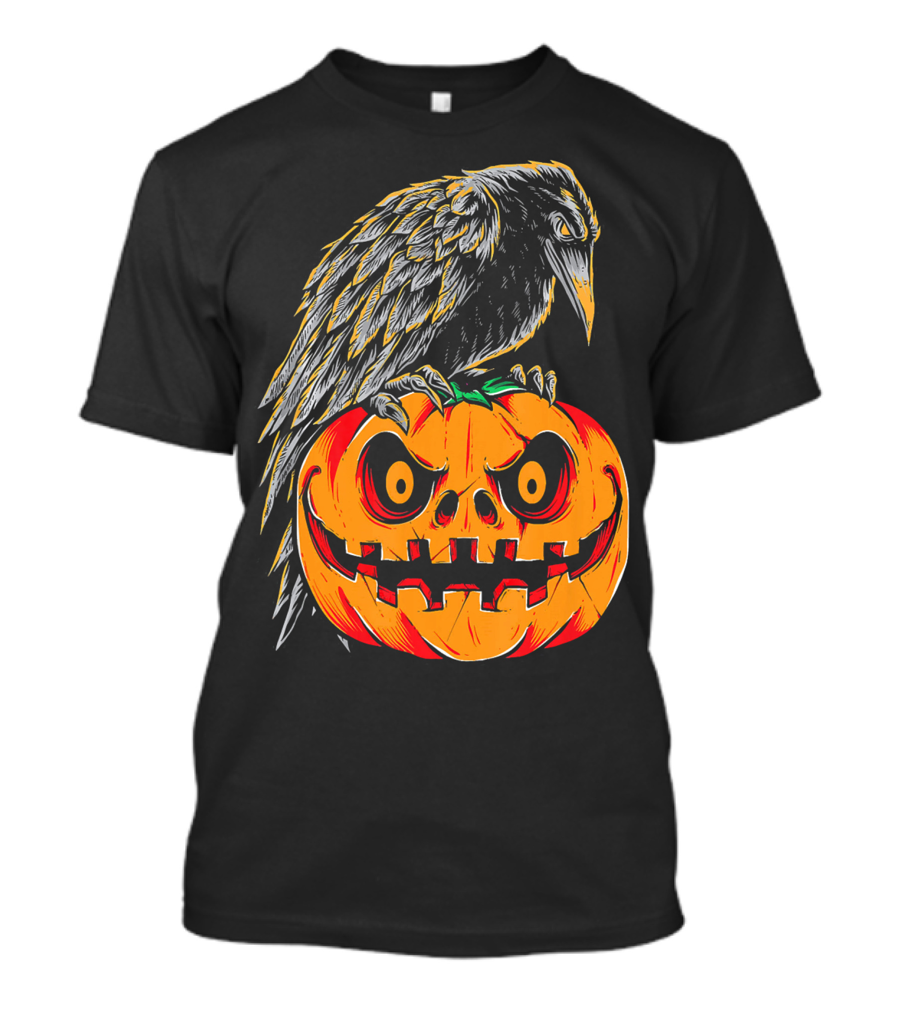 Creepy Black Raven Perched On Retro Vintage Pumpkin Halloween T-Shirt