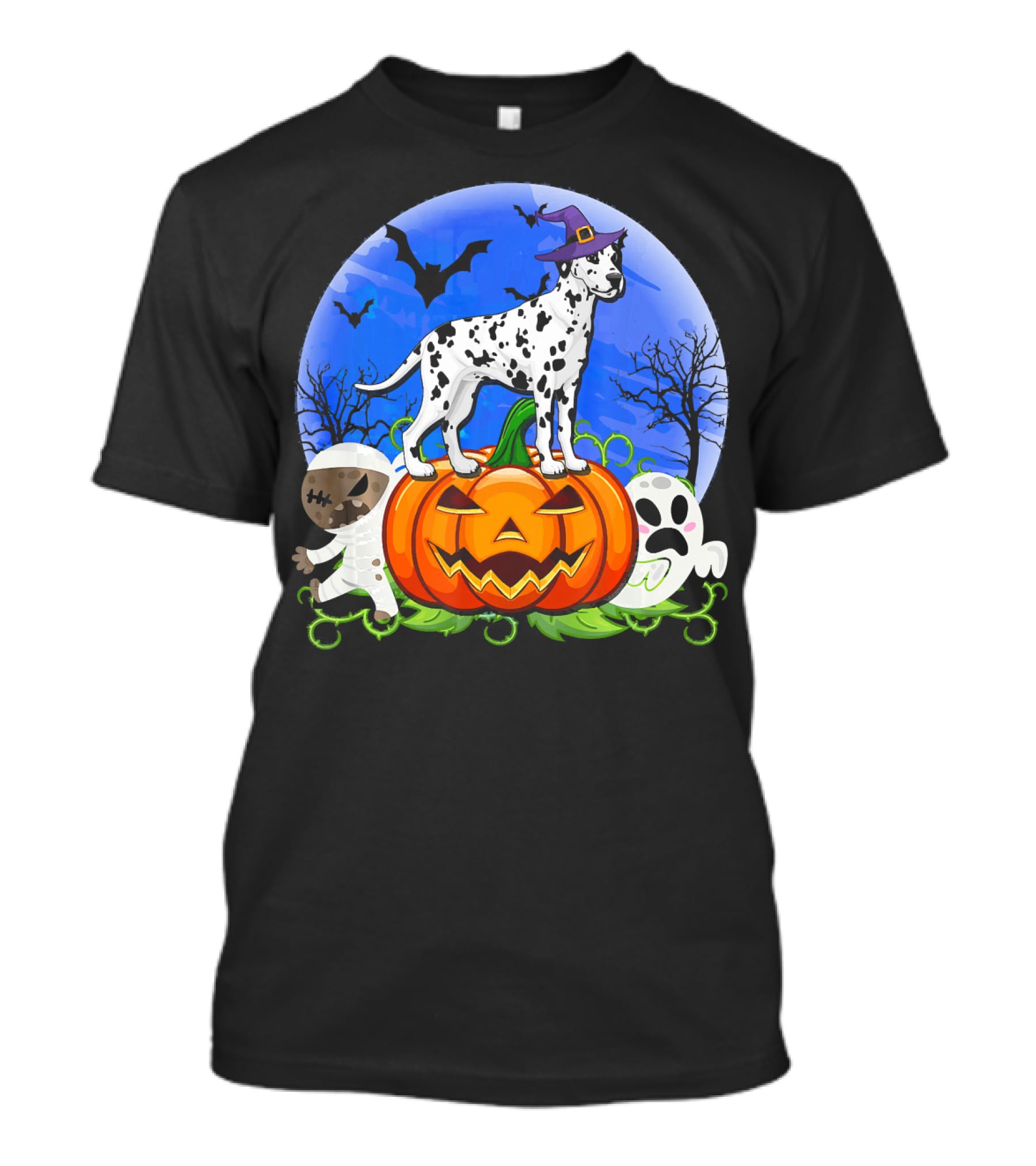 Dalmatian Pumpkin Halloween Mummy Ghost Moon Bats Trees T-Shirt
