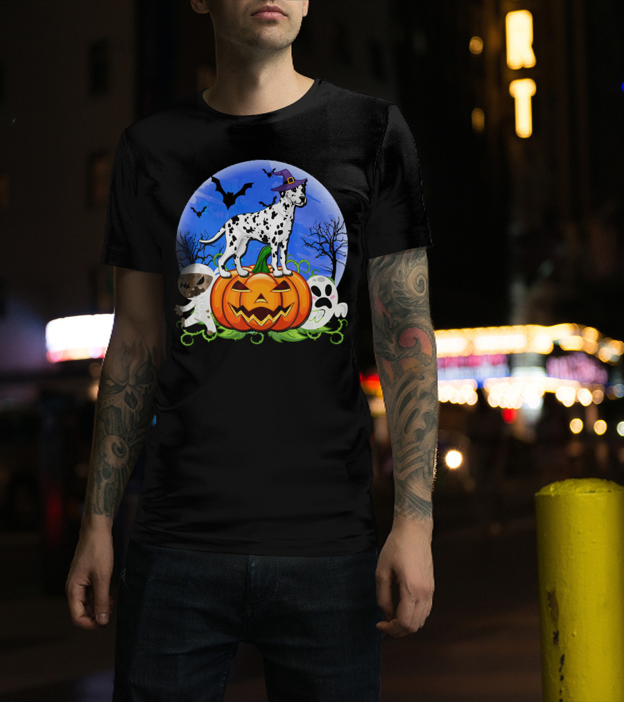 Dalmatian Pumpkin Halloween Mummy Ghost Moon Bats Trees T-Shirt