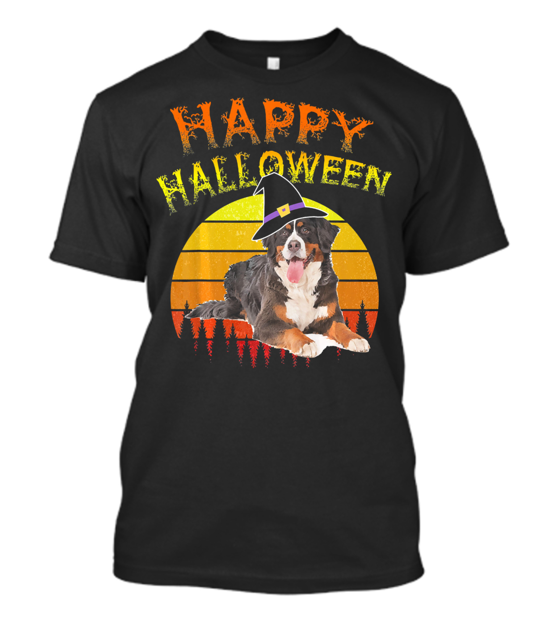 Happy Halloween Bernese Mountain Dog Lover Witch Hat Sunset T-Shirt