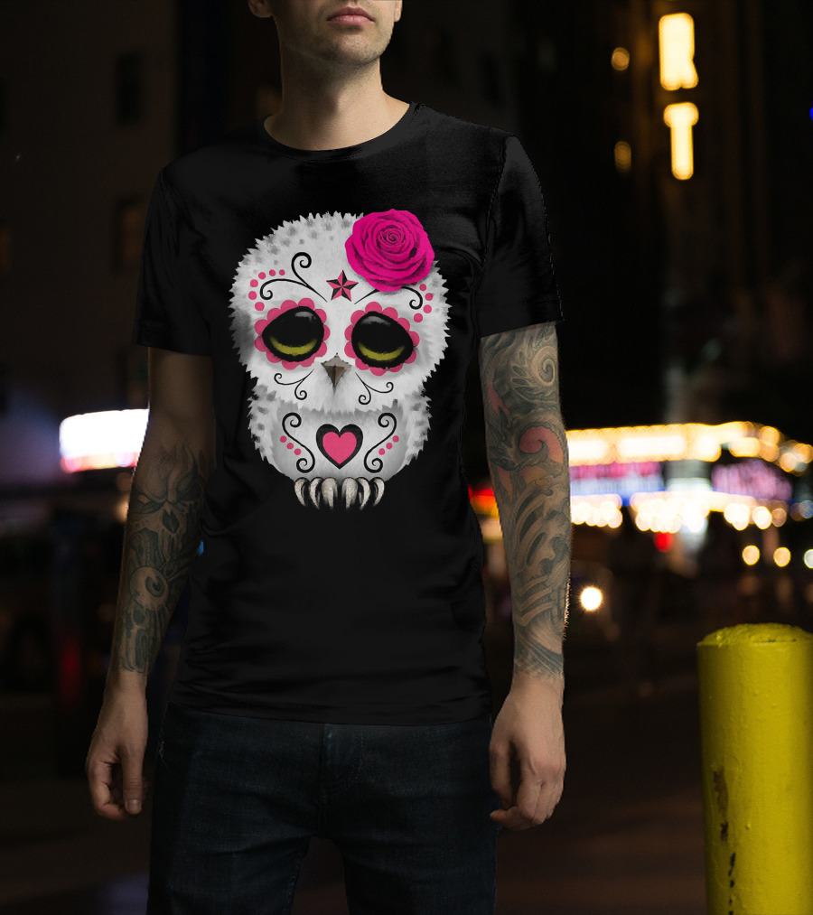 Owl Sugar Skull With Pink Rose And Heart Motif T-Shirt