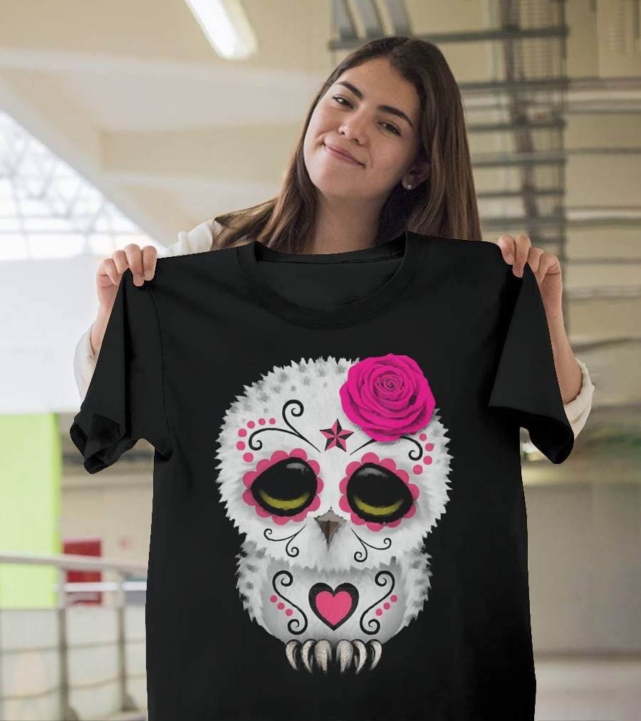 Owl Sugar Skull With Pink Rose And Heart Motif T-Shirt