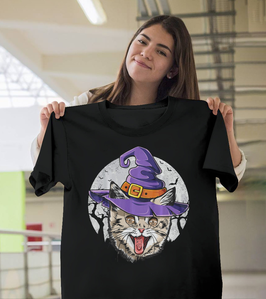 Funny Halloween Witch Cat with Purple Hat and Moon Background T-Shirt