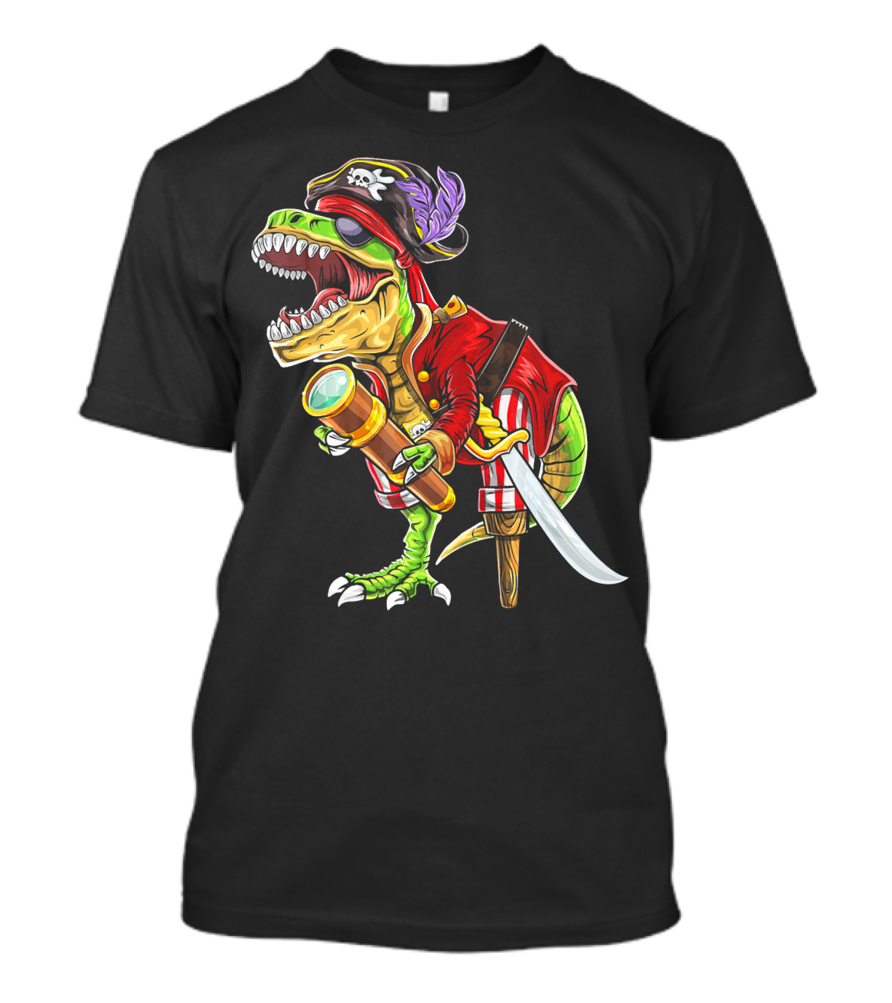 Pirate Dinosaur With Telescope And Peg Leg In Halloween Costume T-Shirt