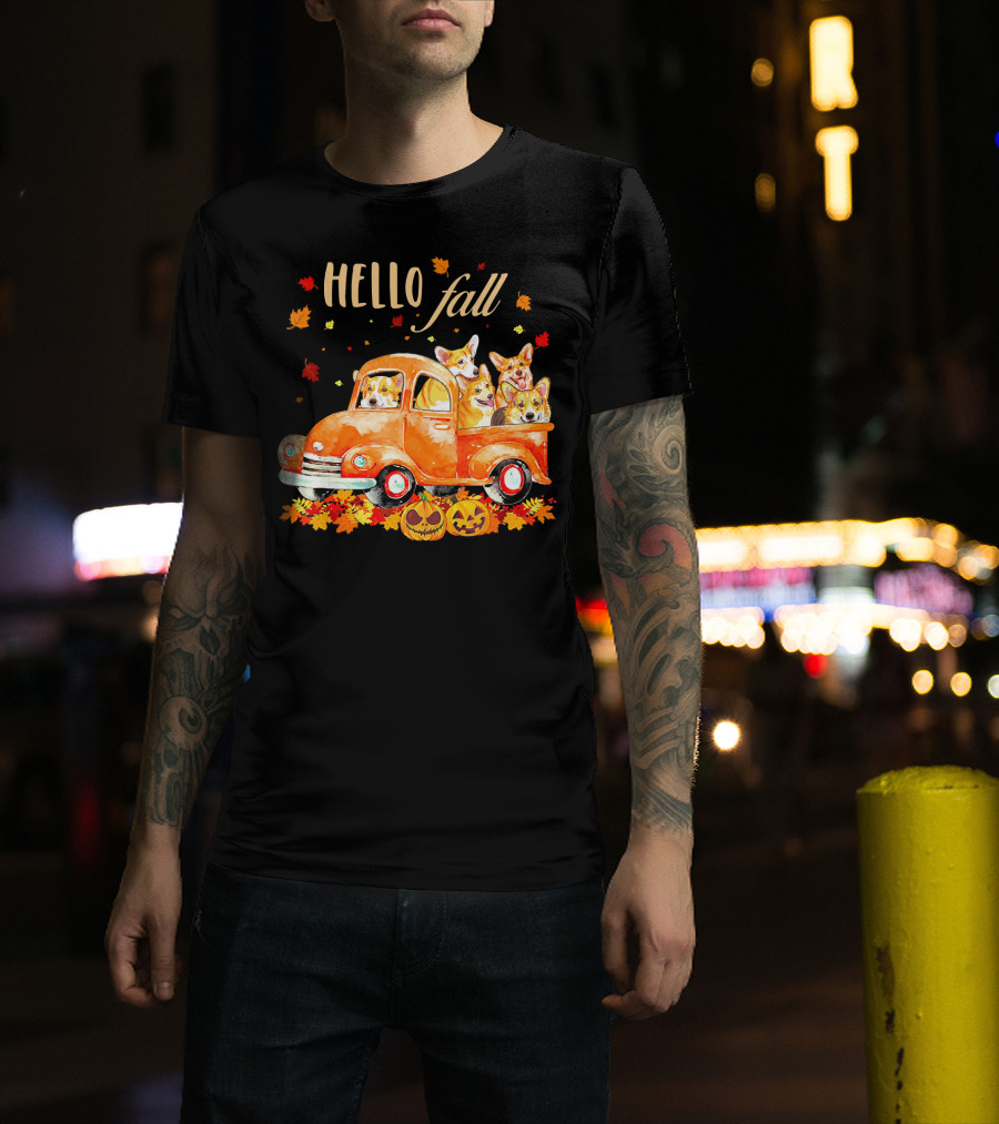 Hello Fall Corgis In Pumpkin Truck With Autumn Leaves And Jack-O'-Lanterns T-Shirt