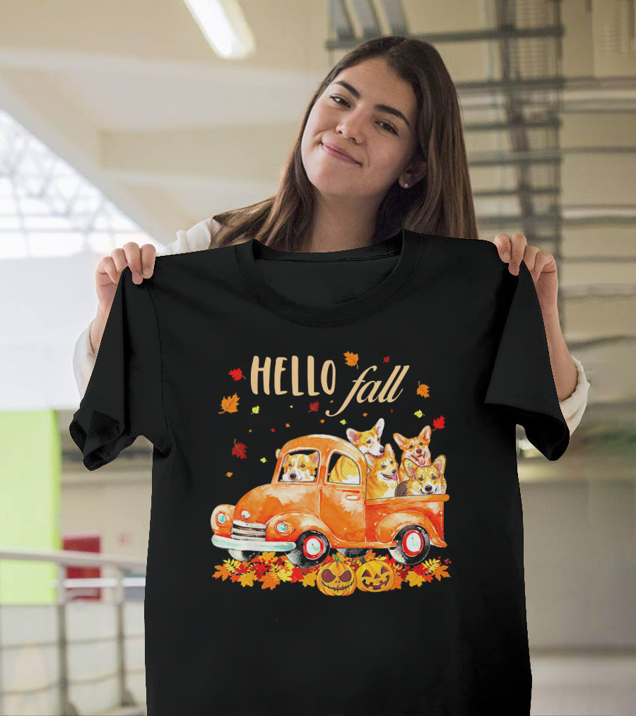 Hello Fall Corgis in Pumpkin Truck with Autumn Leaves and Jack-O'-Lanterns T-Shirt