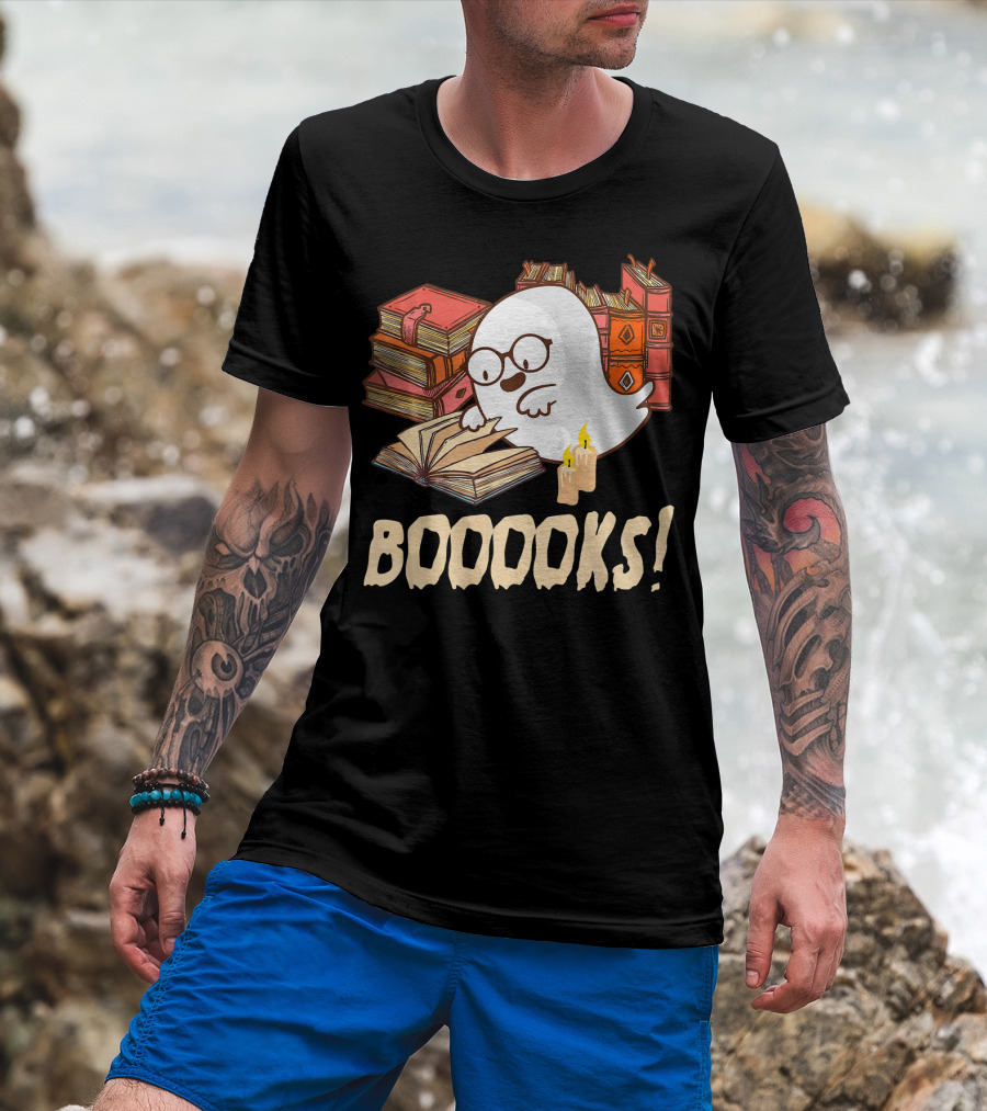 BOOOOKS Cute Reading Boo Ghost With Stacks Of Books And Candles T-Shirt