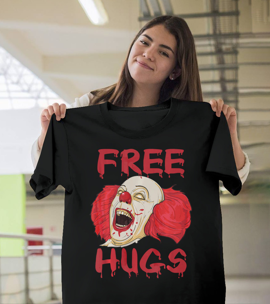 Free Hugs Evil Killer Scary Clown Costume Blood Red Horror T-Shirt