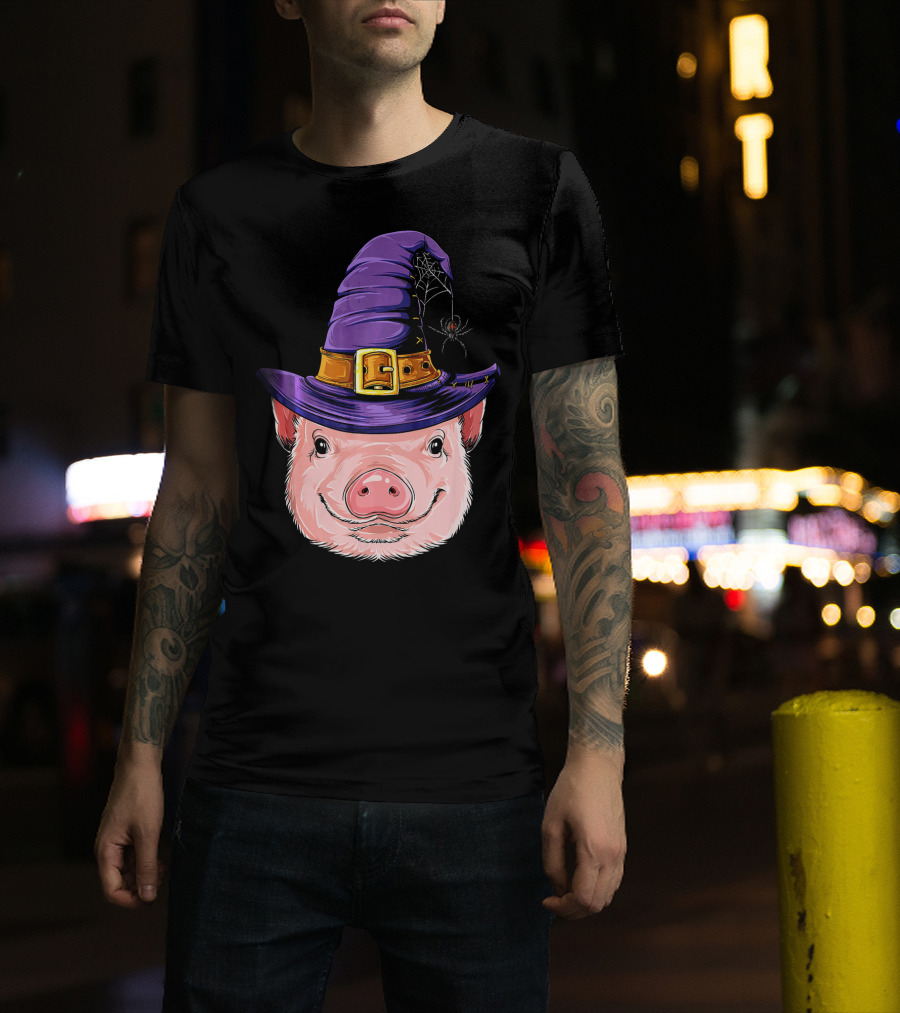 Pig In Witch Hat With Spider And Web Halloween T-Shirt