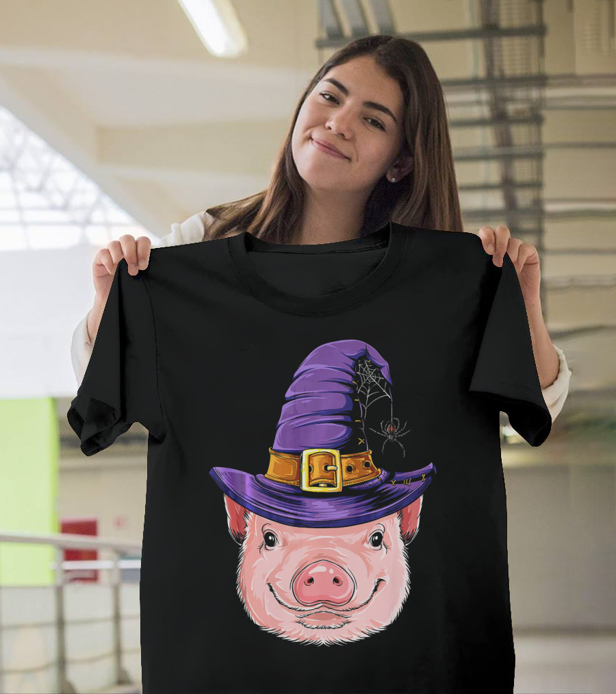 Pig In Witch Hat With Spider And Web Halloween T-Shirt