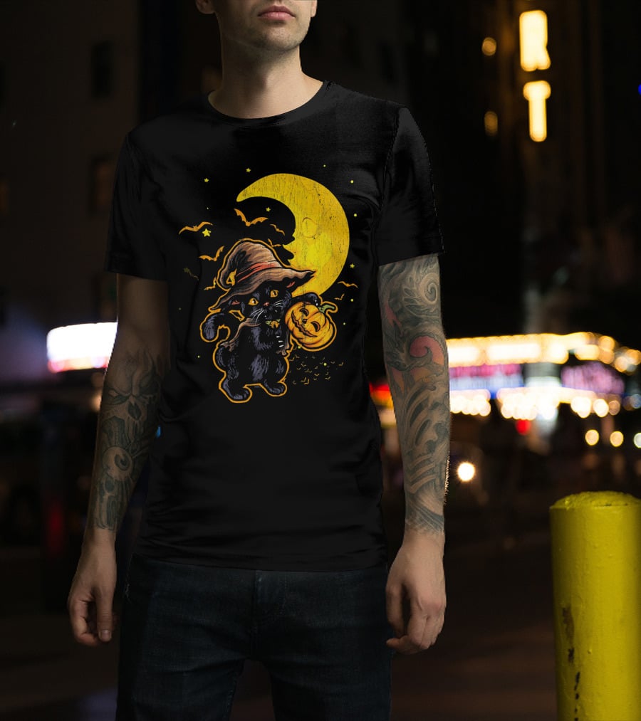 Halloween Black Cat Witch With Pumpkin Under Moon And Bats T-Shirt