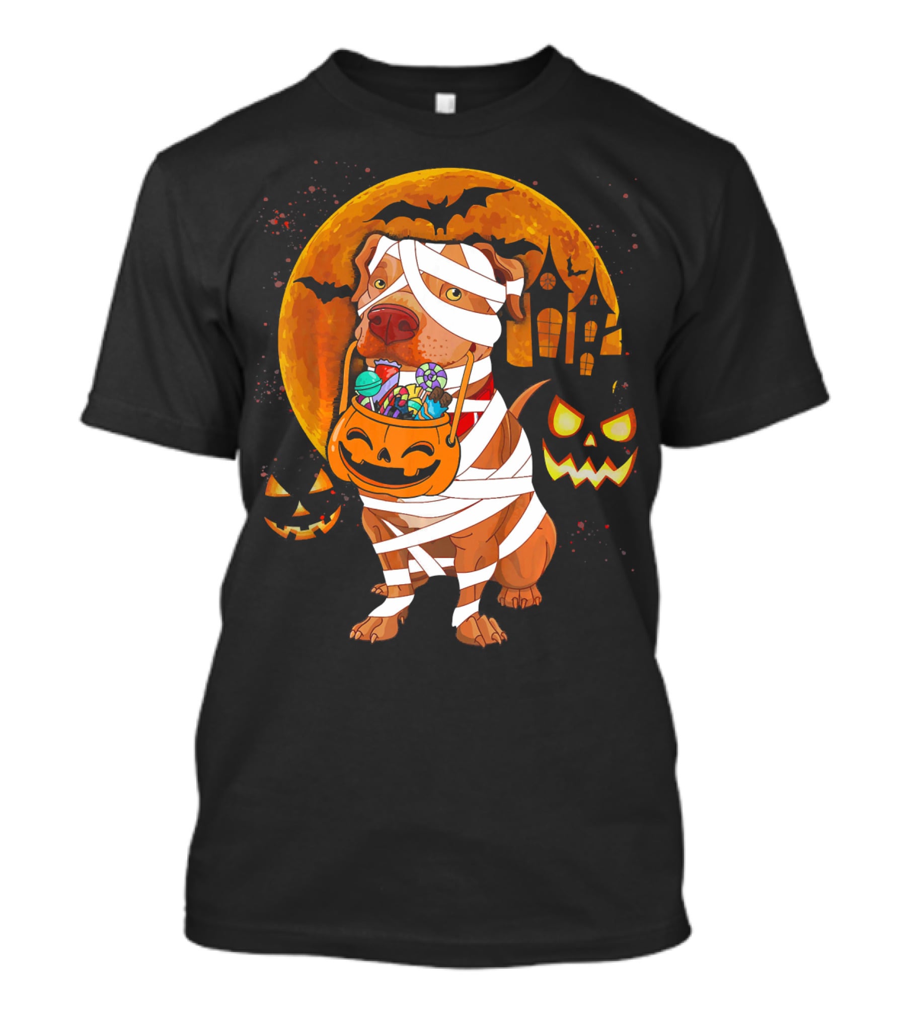 Funny Halloween Mummy Pitbull Boo Dog With Pumpkin Candy And Scary Moon T-Shirt
