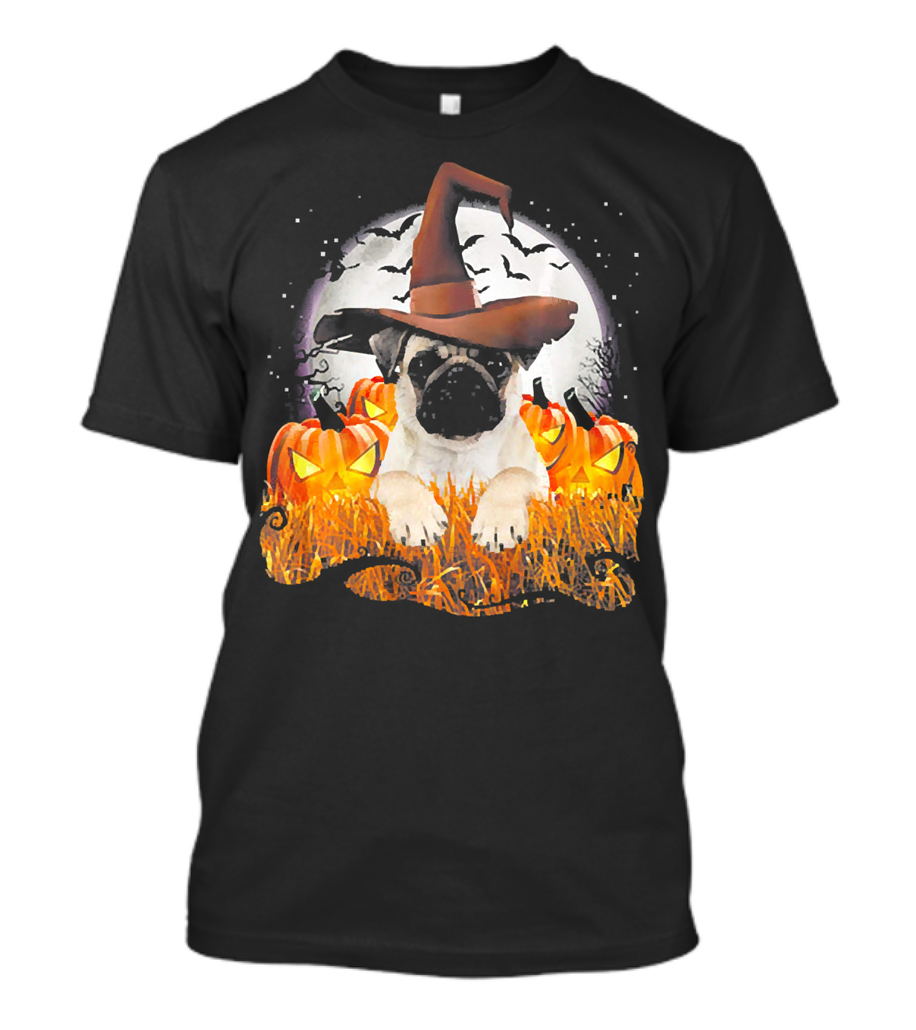 Funny Pug Halloween Witch Hat Pumpkins Moon Bats T-Shirt