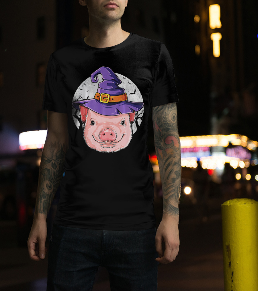 Pig Wearing Purple Witch Hat With Spooky Full Moon And Bats T-Shirt