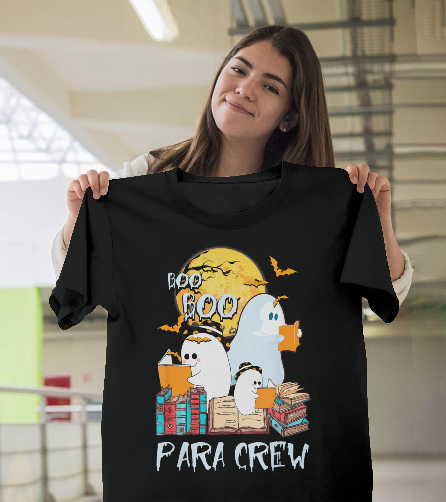 Boo Boo Para Crew Paraprofessional Ghost Reading by Moonlight with Books and Bats T-Shirt