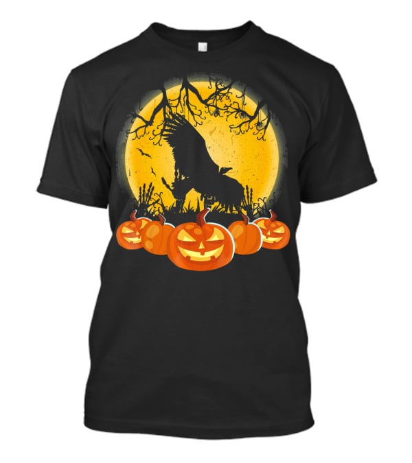 Vulture Silhouette With Pumpkins And Full Moon Halloween Scene T-Shirt