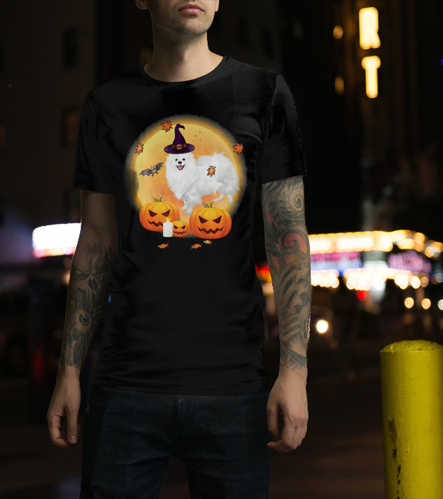 Halloween American Eskimo Dog With Pumpkins And Witch Hat T-Shirt