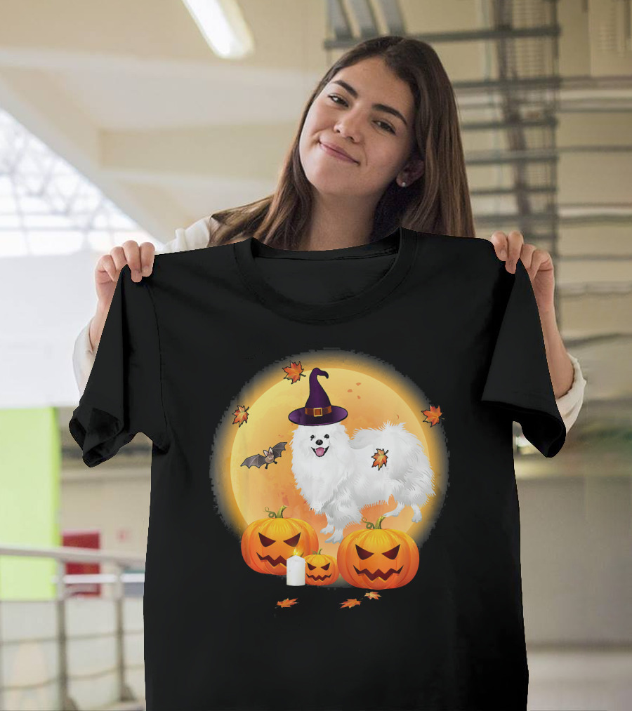 Halloween American Eskimo Dog with Pumpkins and Witch Hat T-Shirt