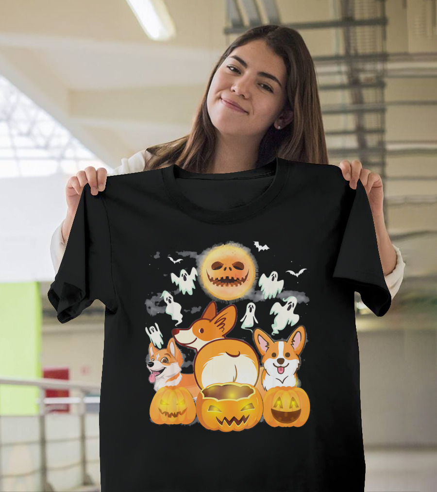 Welsh Corgi Cardigans Pumpkin Ghosts Halloween Team With Spooky Bats T-Shirt