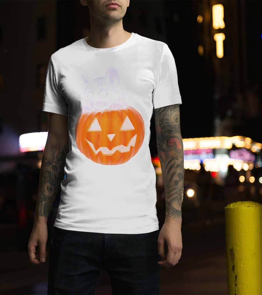 Kitten Peeking From Jack-O'-Lantern Pumpkin Halloween T-Shirt