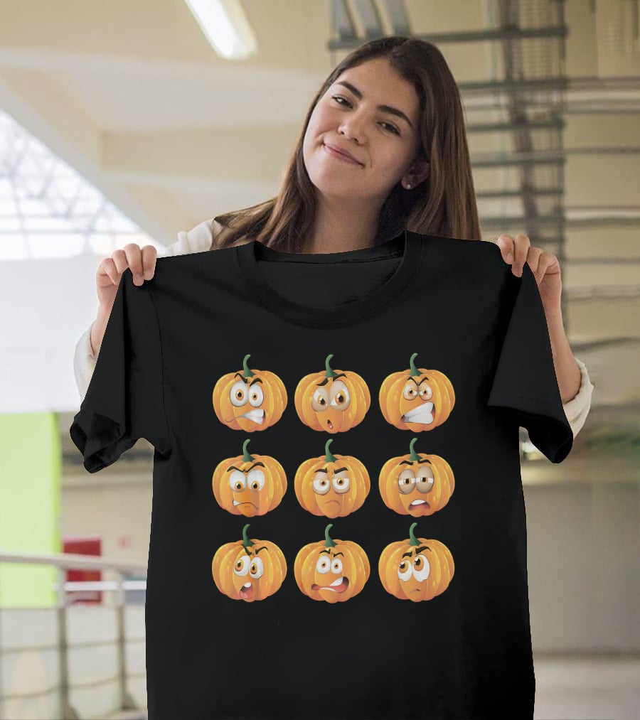 Pumpkin Emoji Faces Expressions Grid T-Shirt