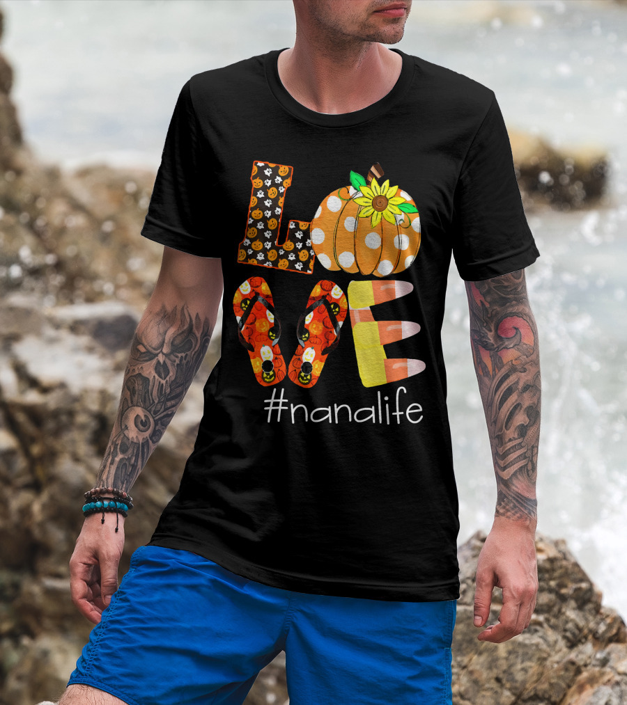 Nanalife Funny Love Pumpkin Flip Flops Halloween Candy Corn And Sunflower T-Shirt